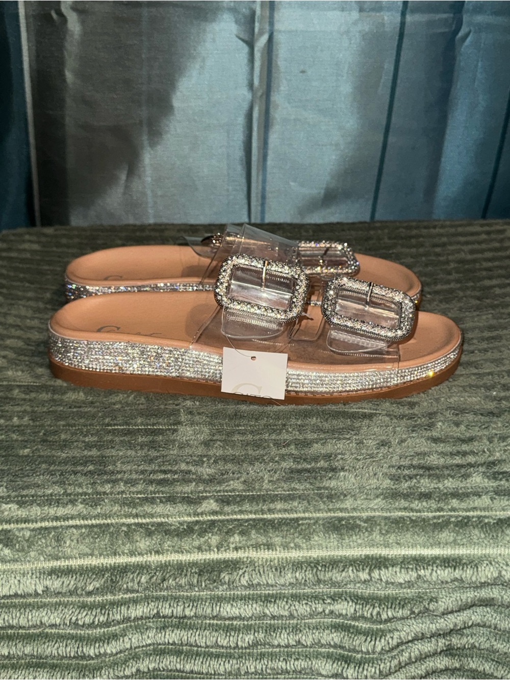 Crystal Buckle Clear Slide Mules in Silver Accents - Women
